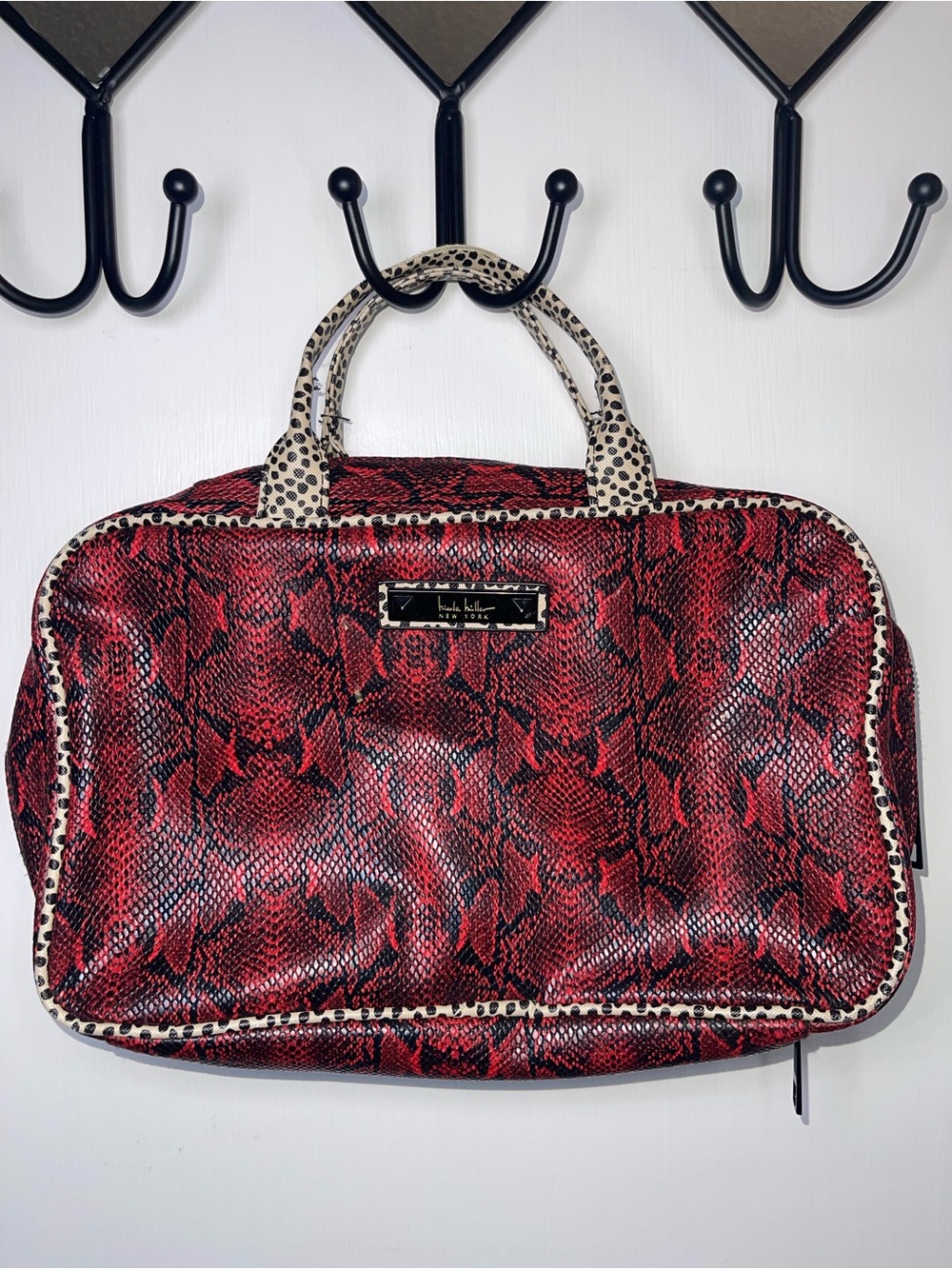 EUC Nicole Miller Red Snake-Print Cosmetic bag with Cream Spotted Trim